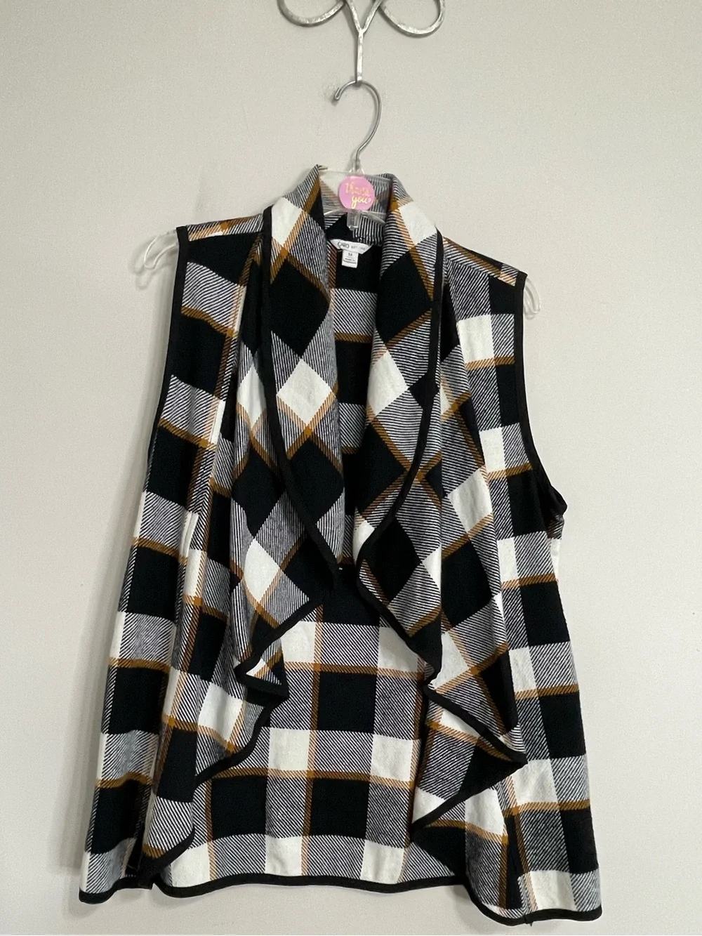 Cato‎ Black White & Gold Plaid Open Front Vest~ Sz medium~ Business Casual